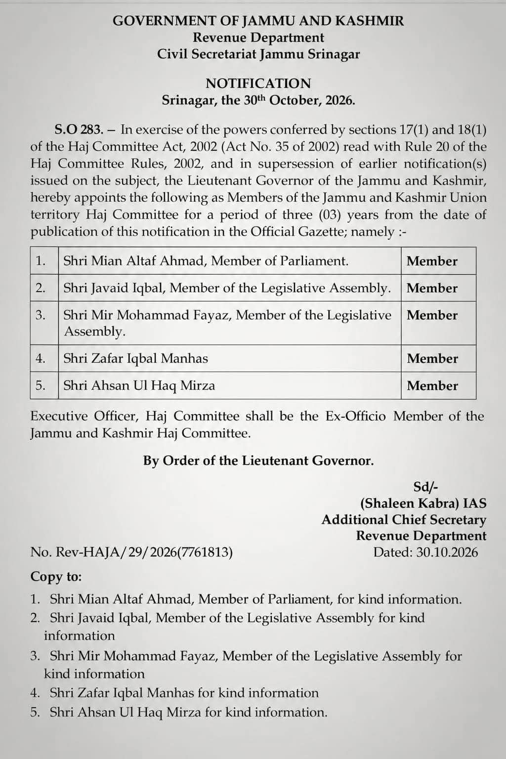 J&K Govt Constitutes UT Haj Committee - MP Mian Altaf, MLAs Javaid Iqbal, Mir Fayaz, Zafar Manhas, Ahsan Mirza Appointed Members