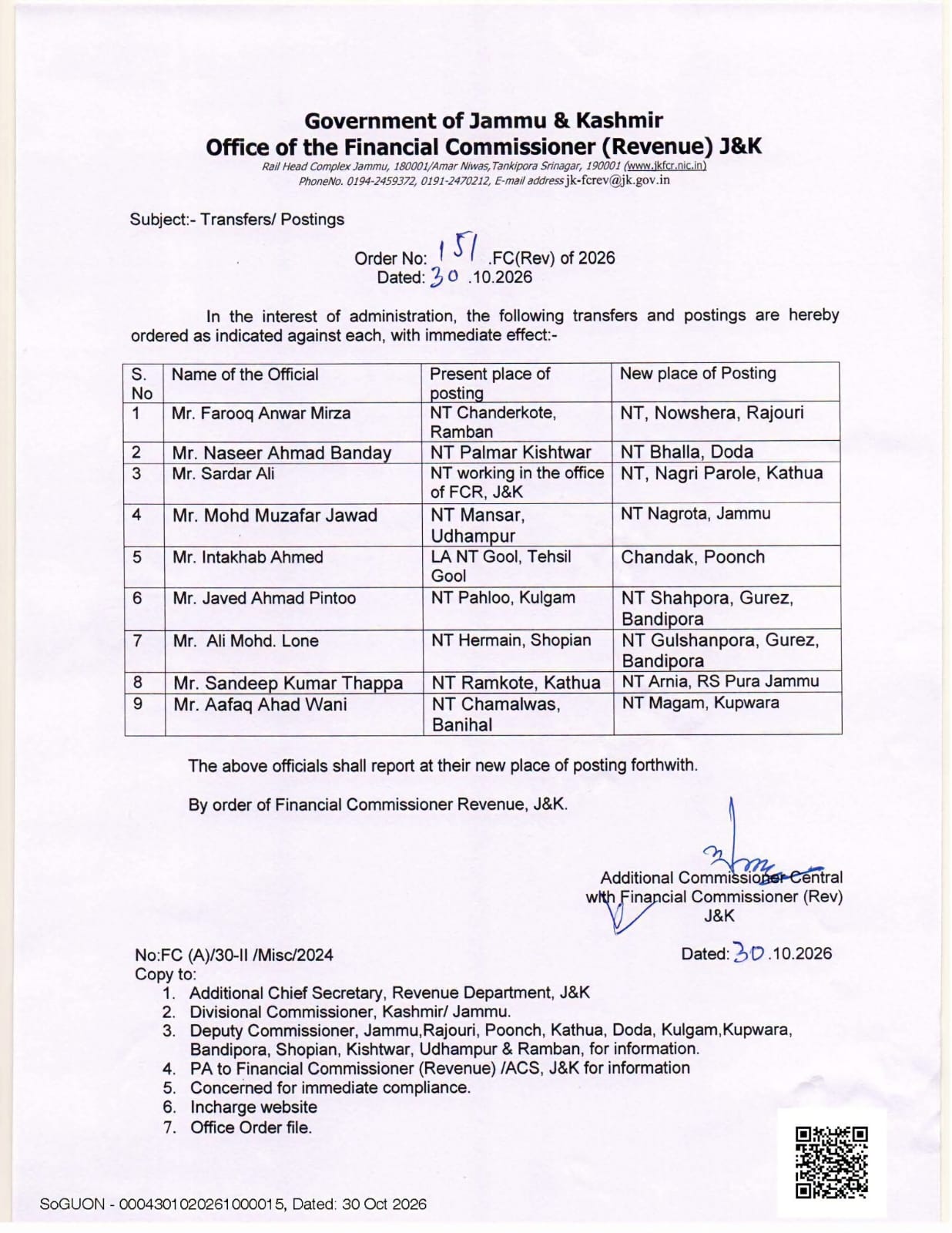FC Revenue orders transfers , postings of 9 Naib Tehsildars