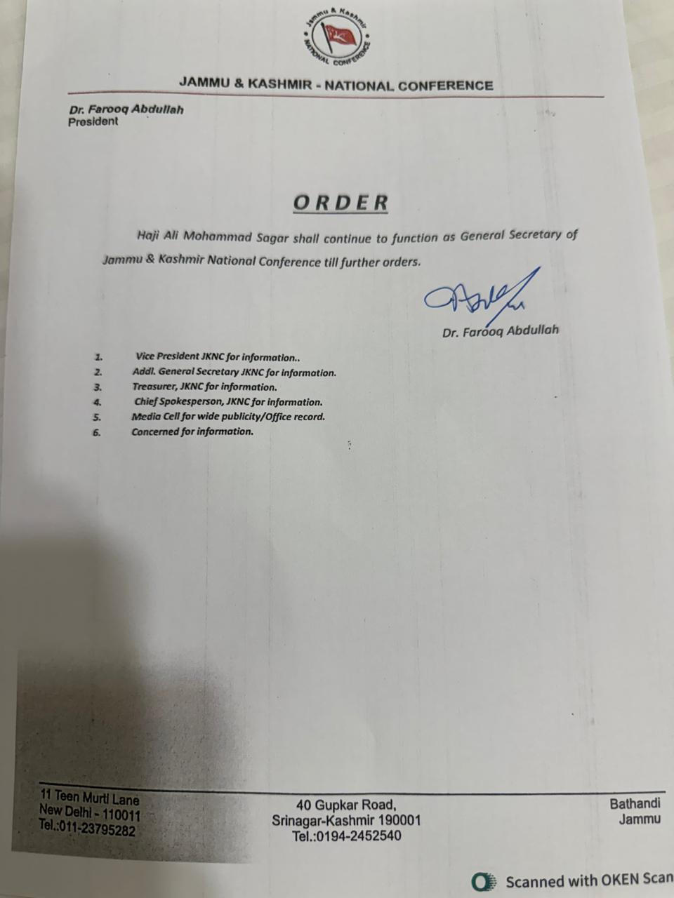 Farooq  continues Ali Mohd Sagar as NC General Secretary  amid reports of revolt like situation in party 