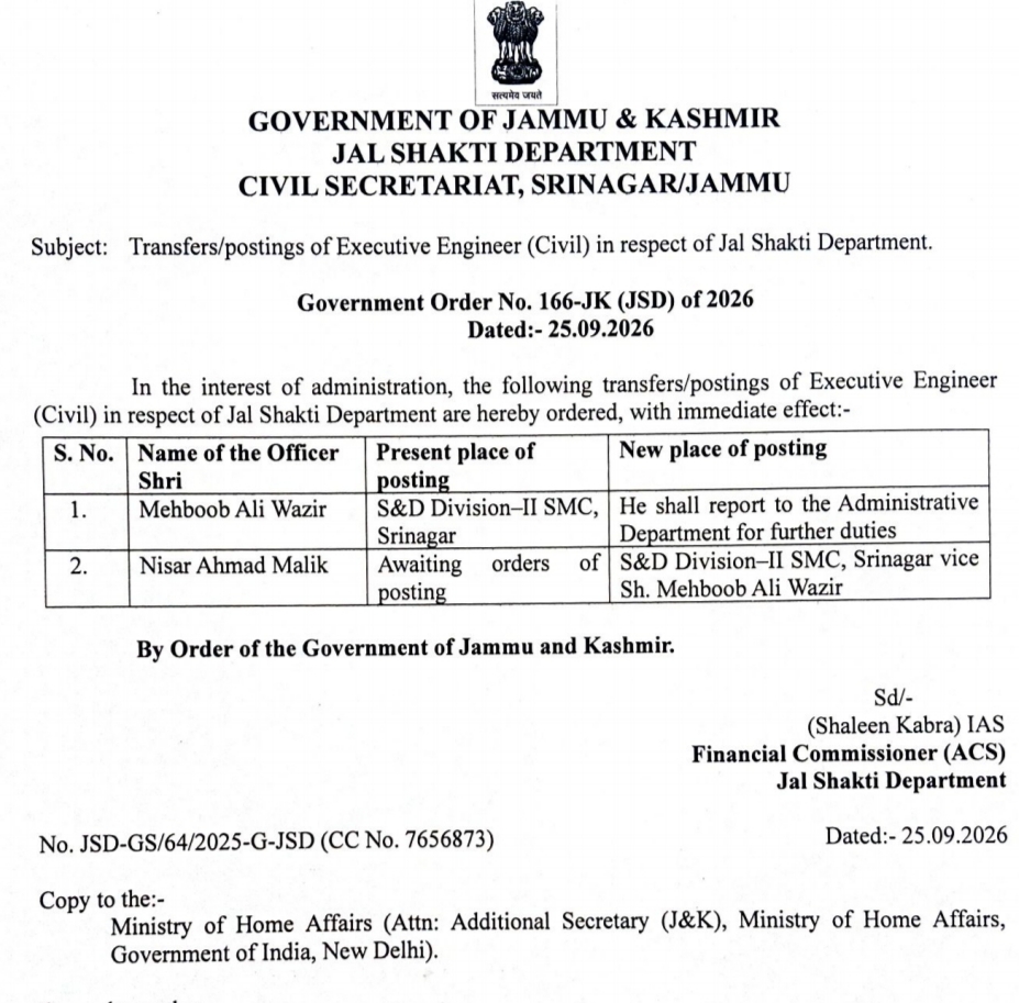 'Govt orders transfers of Executive Engineers in Jal Shakti Dept; Nisar Malik posted to Srinagar SMC Division-II'