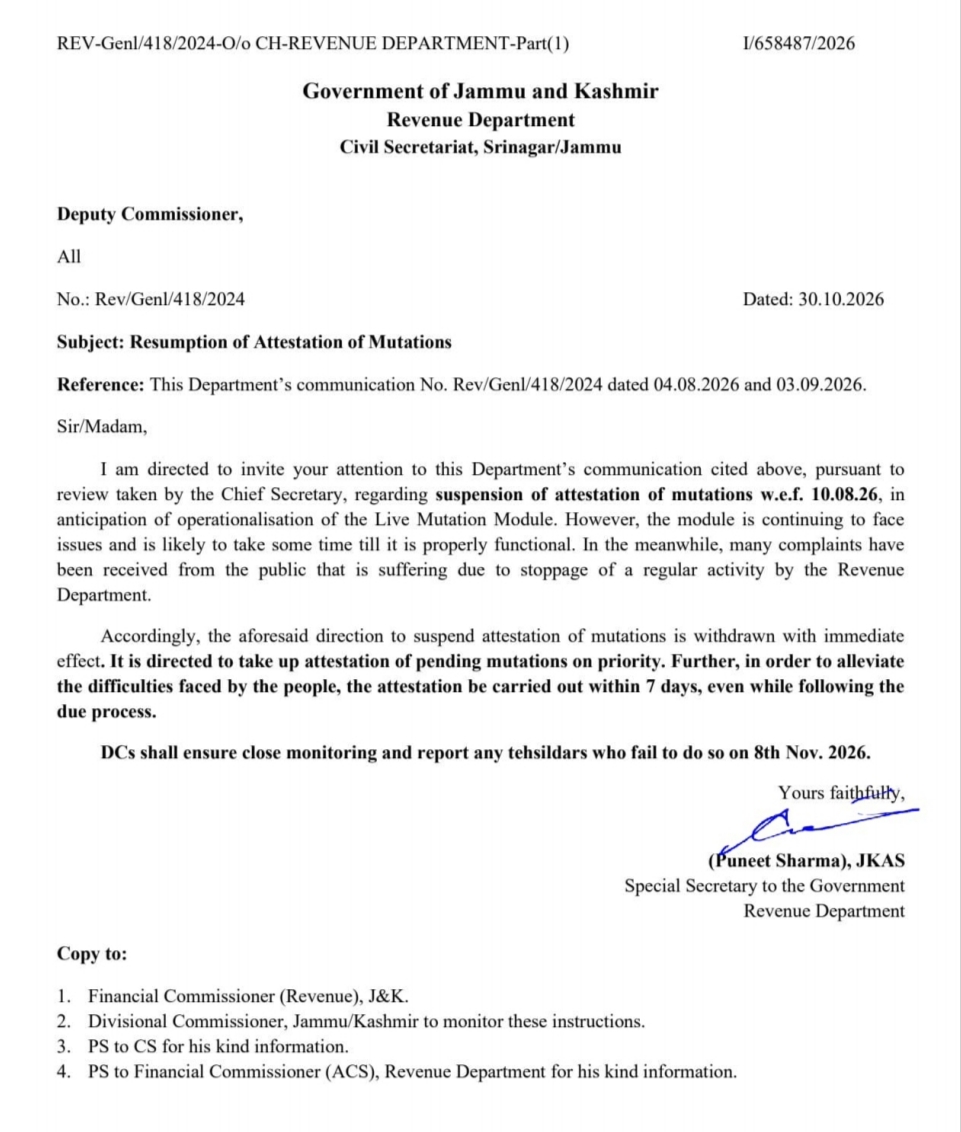 J&K Govt Orders Resumption Of Mutation Attestation - Revenue Dept Withdraws Suspension Order